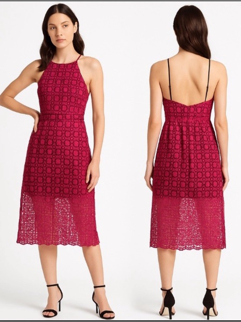NWOT AQUA Magenta CROCHET Halter Midi Dress, Under Skirt & Lined, Fitted Waist